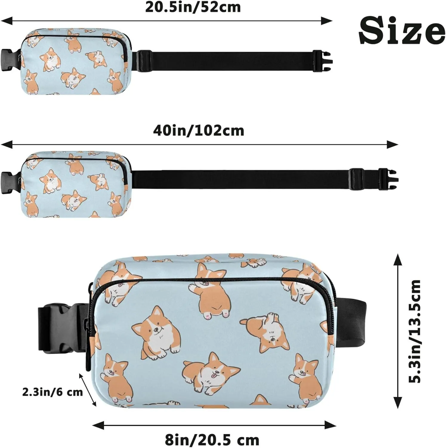 Cartoon Corgi Dog Design Womens Fanny Pack Waterproof Hip Pack Belt Bag Cute Crossbody Waist Pack
