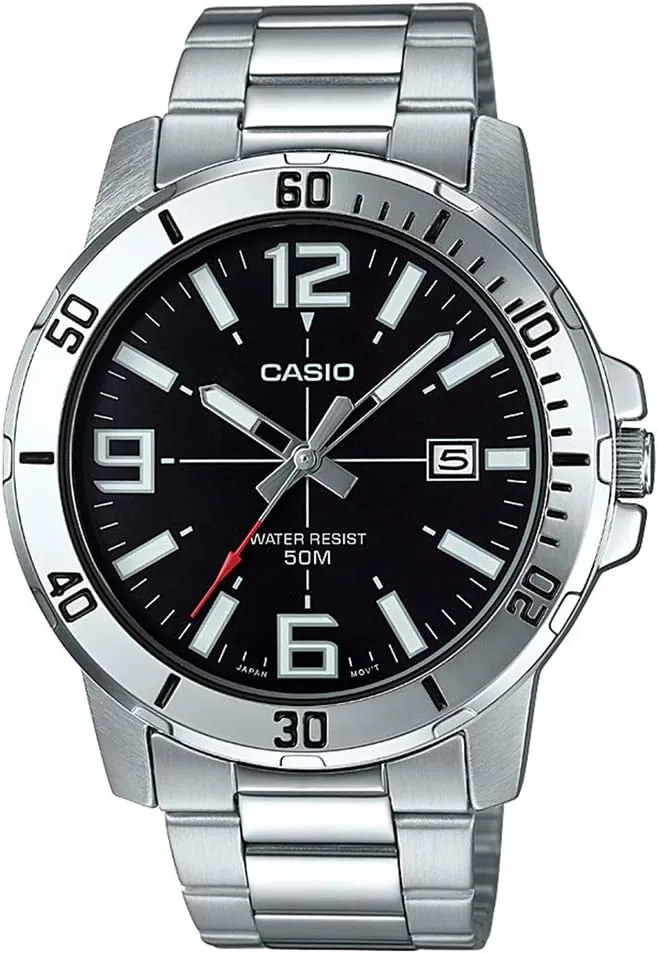 Casio MTP-VD01D-1BV Men's Enticer Stainless Steel Black Dial Casual Analog Sporty Watch, Silver, 484210.7mm, Quartz Movement