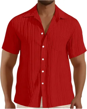 Casual Shirts for Men Summer Loose Fashion Button Down Shirts Vacation Solid Pleated Lapel Short Sleeve Top Clothes