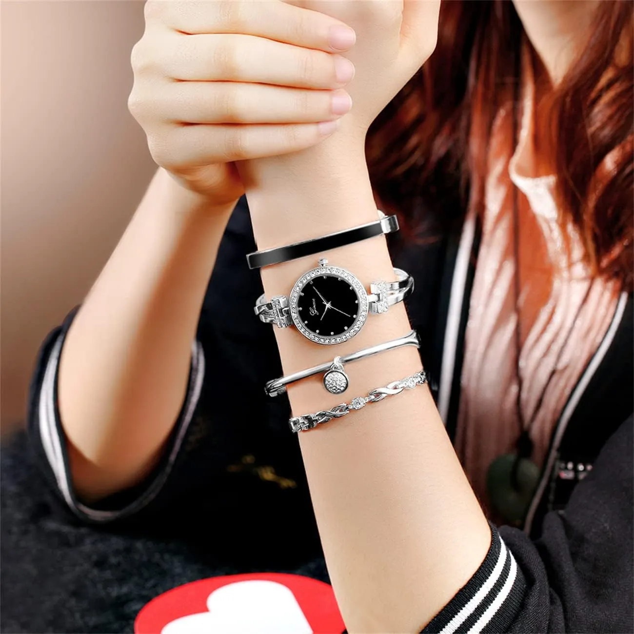 CdyBox Women Crystal Watch with 3 Bracelets Set Quartz Wrist Watches Bangle Jewelry 4pcs/Set for Ladies