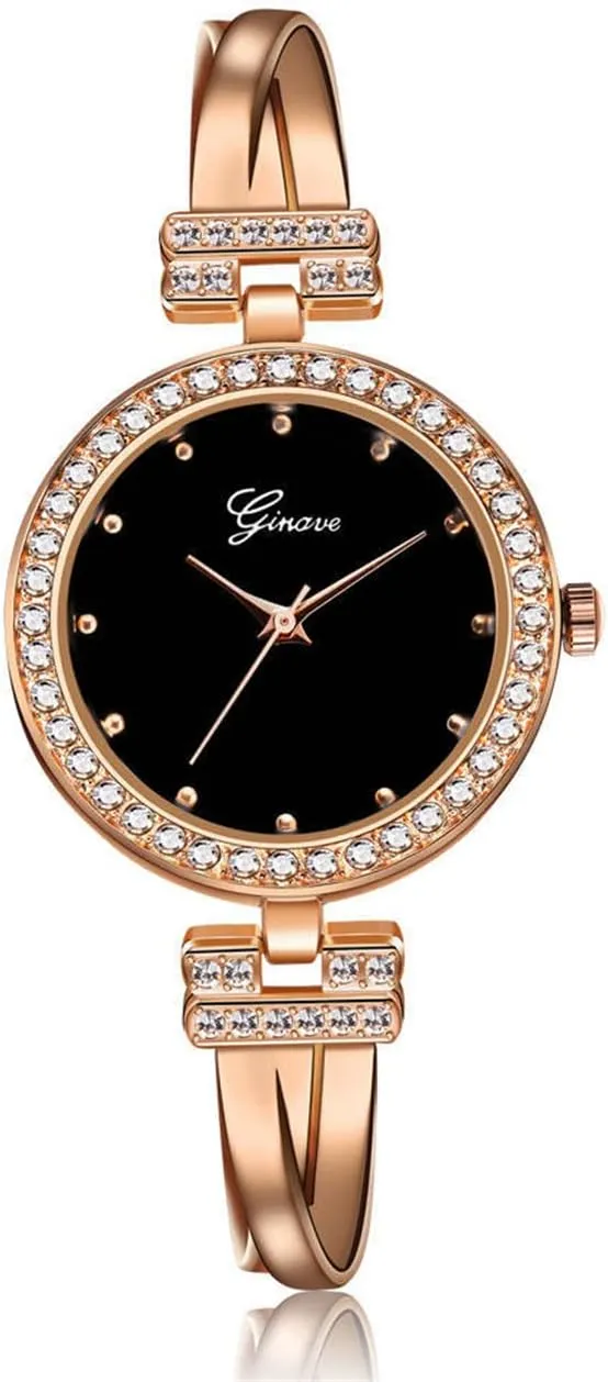 CdyBox Women Crystal Watch with 3 Bracelets Set Quartz Wrist Watches Bangle Jewelry 4pcs/Set for Ladies