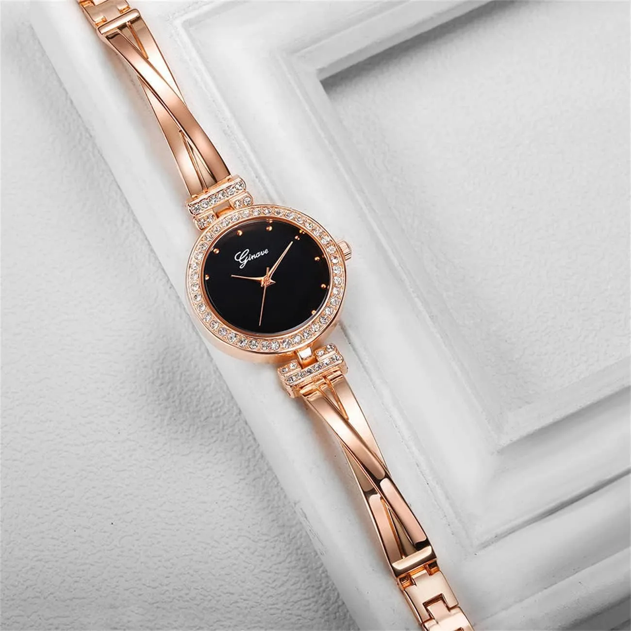 CdyBox Women Crystal Watch with 3 Bracelets Set Quartz Wrist Watches Bangle Jewelry 4pcs/Set for Ladies