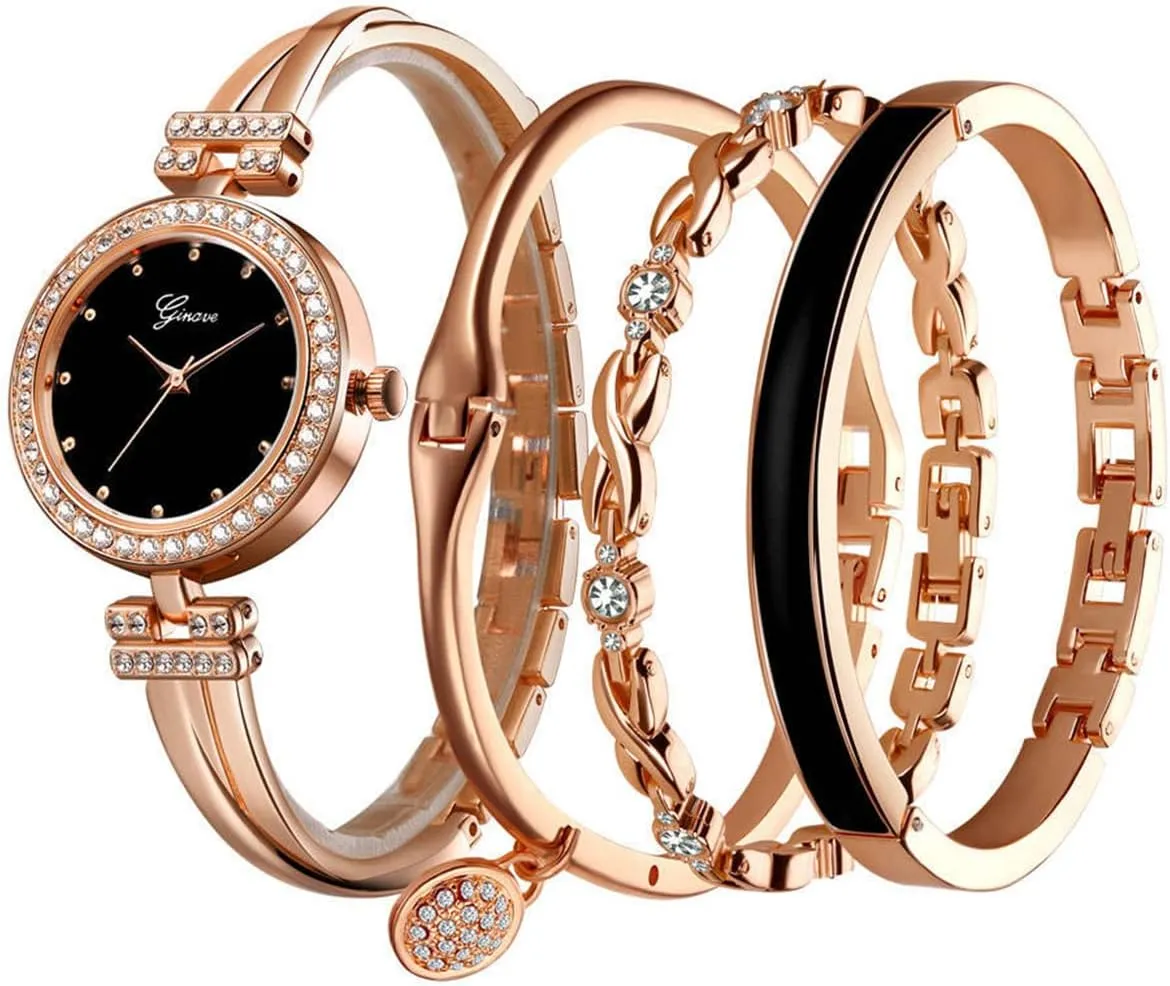 CdyBox Women Crystal Watch with 3 Bracelets Set Quartz Wrist Watches Bangle Jewelry 4pcs/Set for Ladies