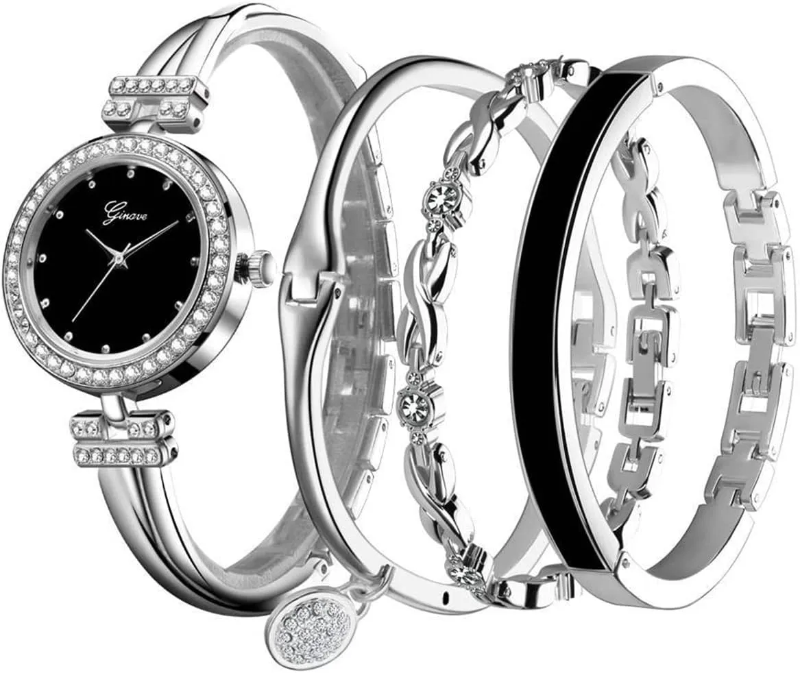 CdyBox Women Crystal Watch with 3 Bracelets Set Quartz Wrist Watches Bangle Jewelry 4pcs/Set for Ladies