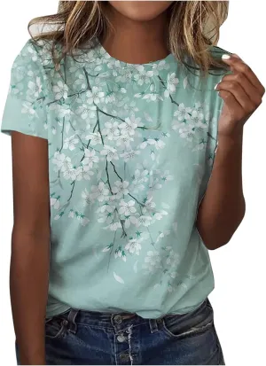 Ceboyel Women Short Sleeve Casual Blouse Floral Print Summer T Shirts Cute Graphic Loose Tees Tops Trendy Ladies Clothing