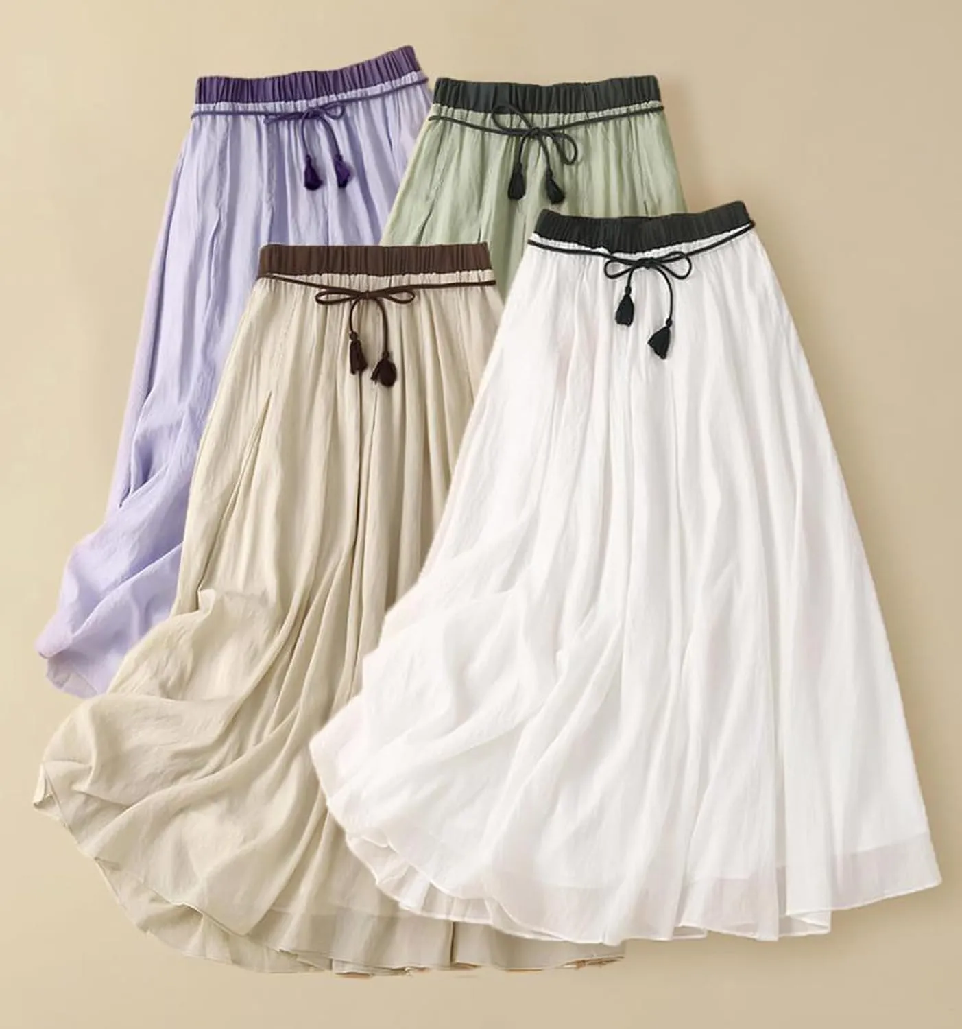 CHARTOU Women Summer Cotton Linen Midi Skirt Ruffle Swing A Line Skirt Layered Mid Long Boho Flowy Skirt Drawstring