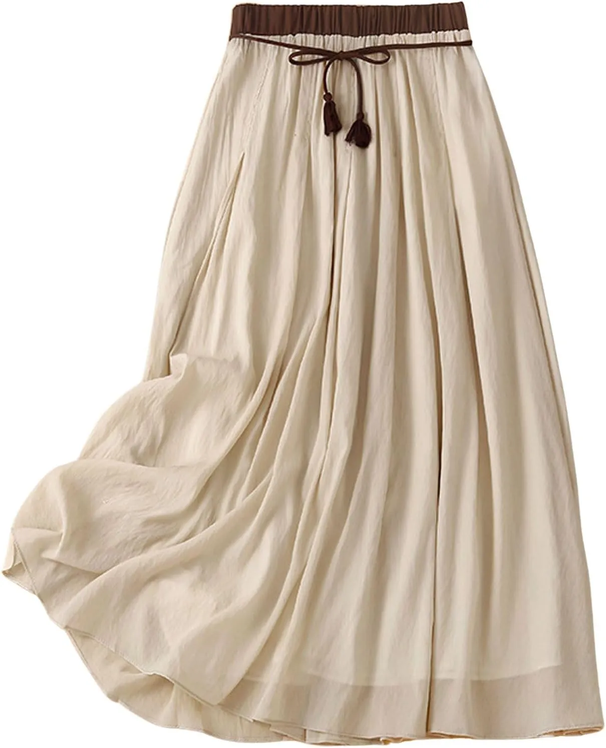 CHARTOU Women Summer Cotton Linen Midi Skirt Ruffle Swing A Line Skirt Layered Mid Long Boho Flowy Skirt Drawstring