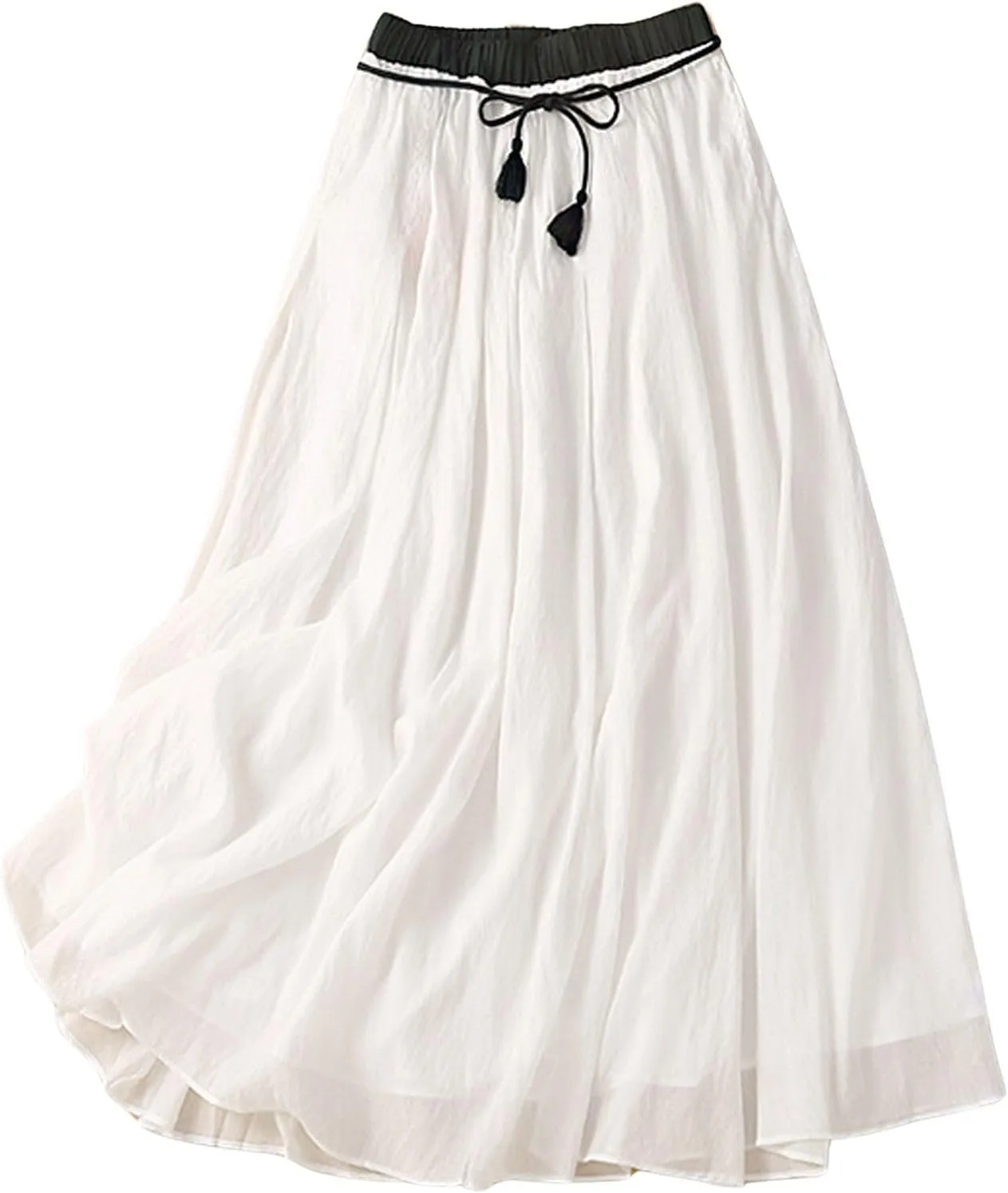 CHARTOU Women Summer Cotton Linen Midi Skirt Ruffle Swing A Line Skirt Layered Mid Long Boho Flowy Skirt Drawstring