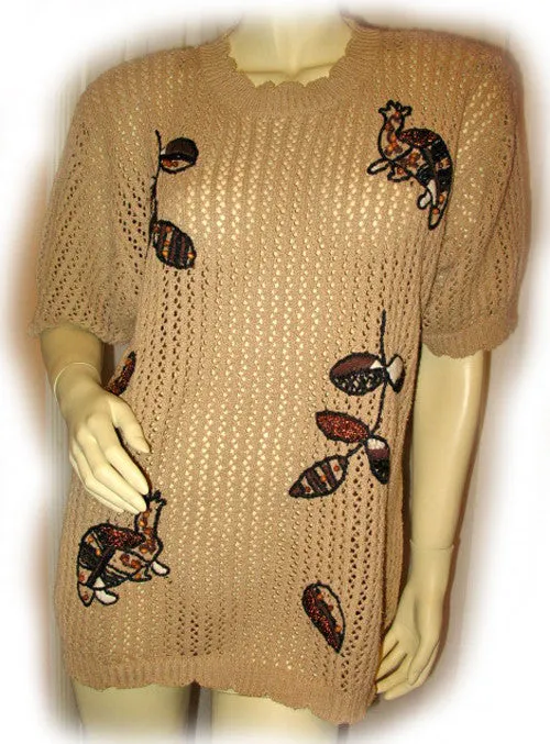 CHAUS Womens Tops BEIGE BROWN Knit Knitted CROCHET Short Sleeve Fishnet Fish Net See Through TOP Clothes