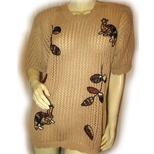 CHAUS Womens Tops BEIGE BROWN Knit Knitted CROCHET Short Sleeve Fishnet Fish Net See Through TOP Clothes