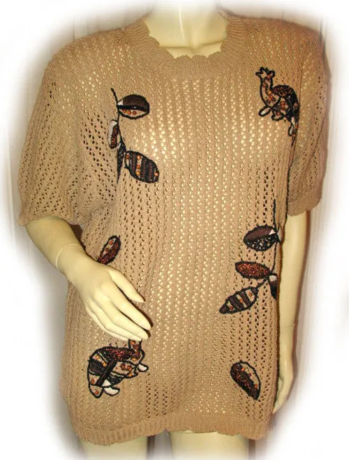 CHAUS Womens Tops BEIGE BROWN Knit Knitted CROCHET Short Sleeve Fishnet Fish Net See Through TOP Clothes