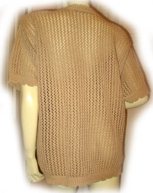 CHAUS Womens Tops BEIGE BROWN Knit Knitted CROCHET Short Sleeve Fishnet Fish Net See Through TOP Clothes