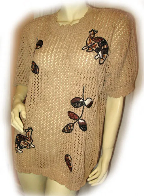 CHAUS Womens Tops BEIGE BROWN Knit Knitted CROCHET Short Sleeve Fishnet Fish Net See Through TOP Clothes