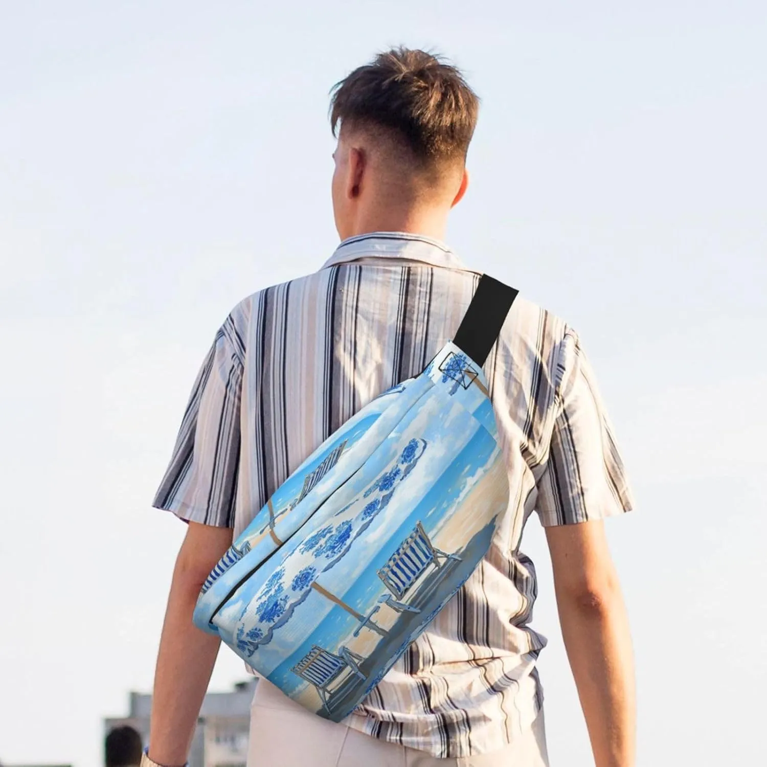 Chinoiserie Style Beach Umbrella Fanny Pack For Women Man, Waist Belt Bag Crossbody For Sports Travel Hiking Running Jogging