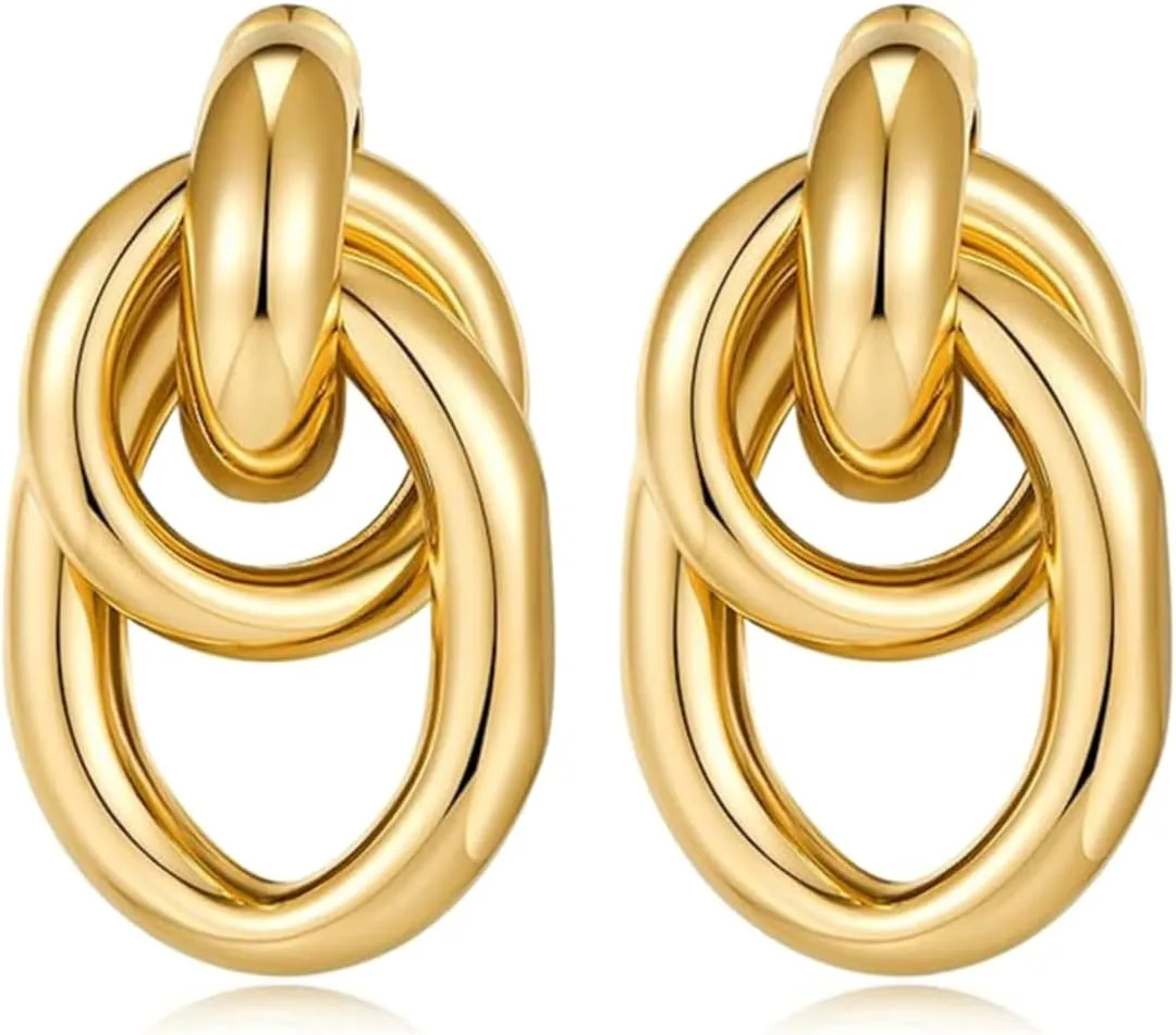 Chunky Gold Dangle Earrings for Women,14k Gold Plated Hypoallergenic Statement Gold Knot Stud Earrings Trendy Fashion Gold Geometric Jewelry