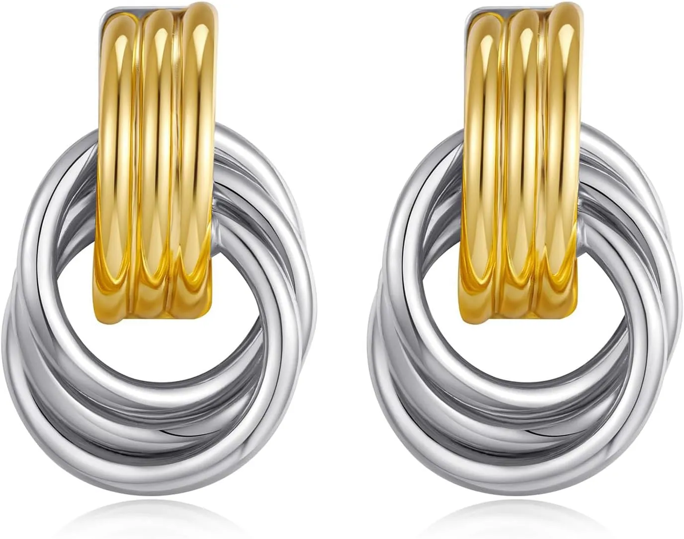 Chunky Gold Earrings for Women Knot Link Circle Earrings Gold and Silver Two Tone Earrings Twisted Dangle Earring Hollow Geometry Statement Earrings Trendy Jewelry for Women