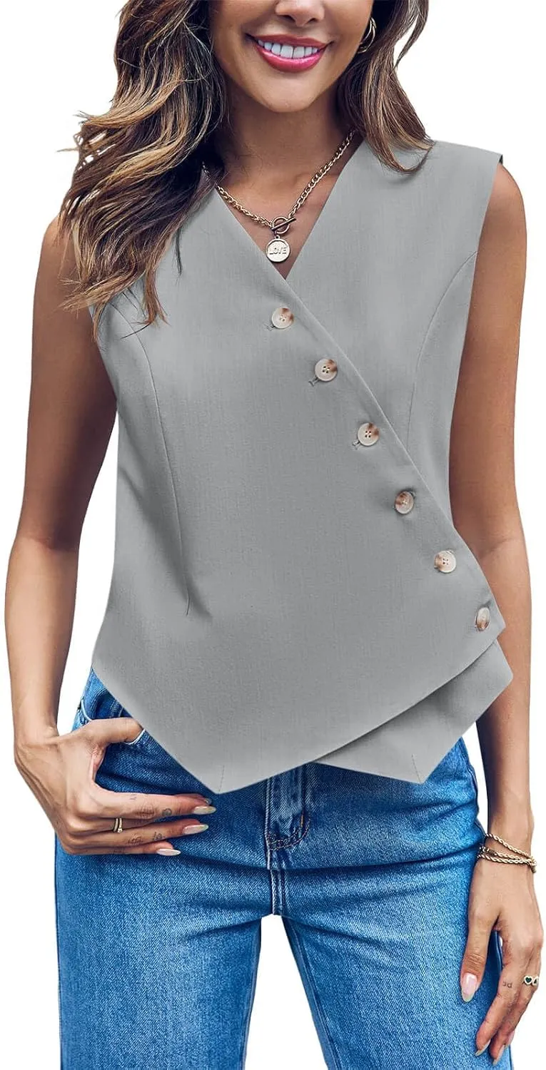 Cicy Bell Womens Waistcoat Vest Sleeveless Blazers V Neck Button Up Asymmetrical Hem Work Office Suit Vests