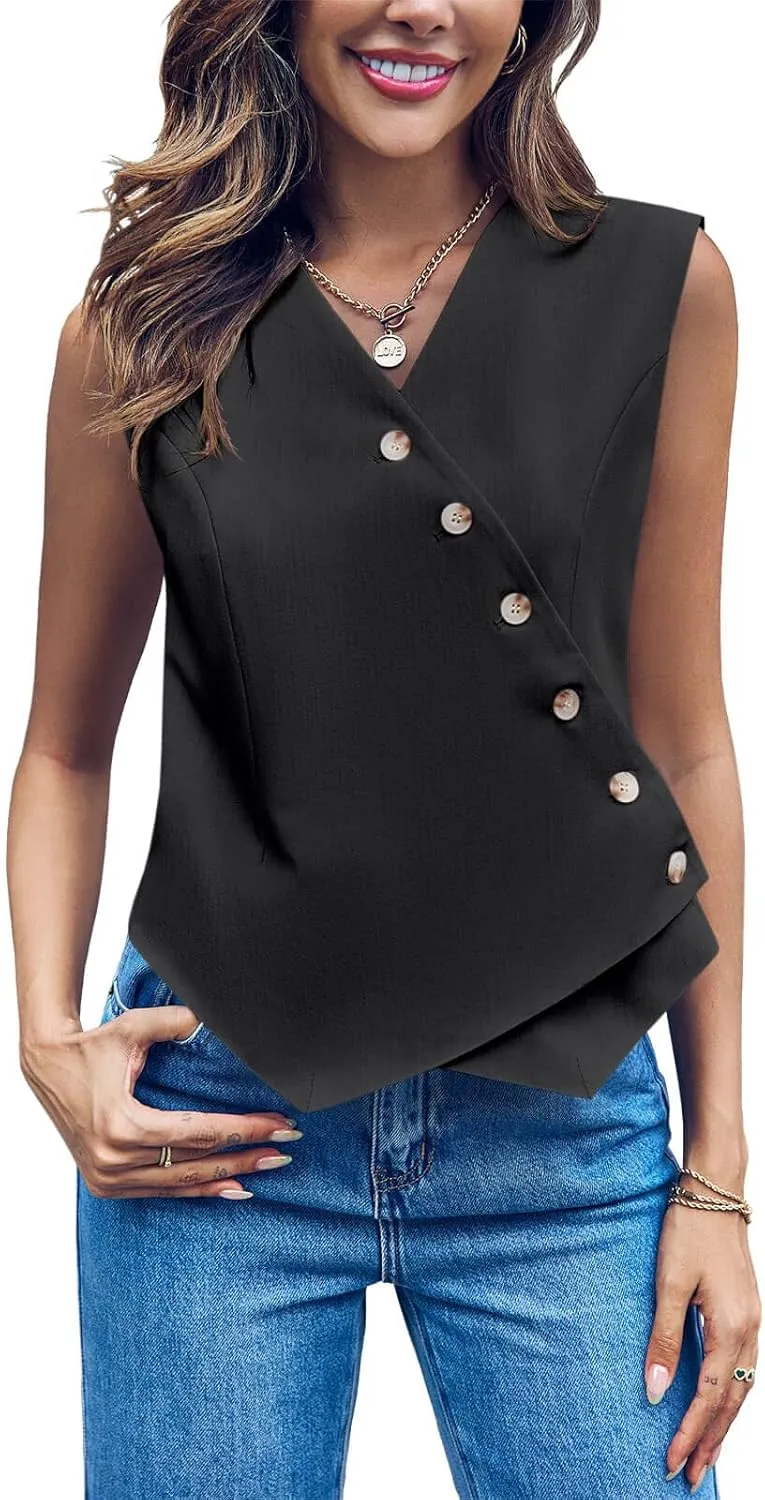 Cicy Bell Womens Waistcoat Vest Sleeveless Blazers V Neck Button Up Asymmetrical Hem Work Office Suit Vests