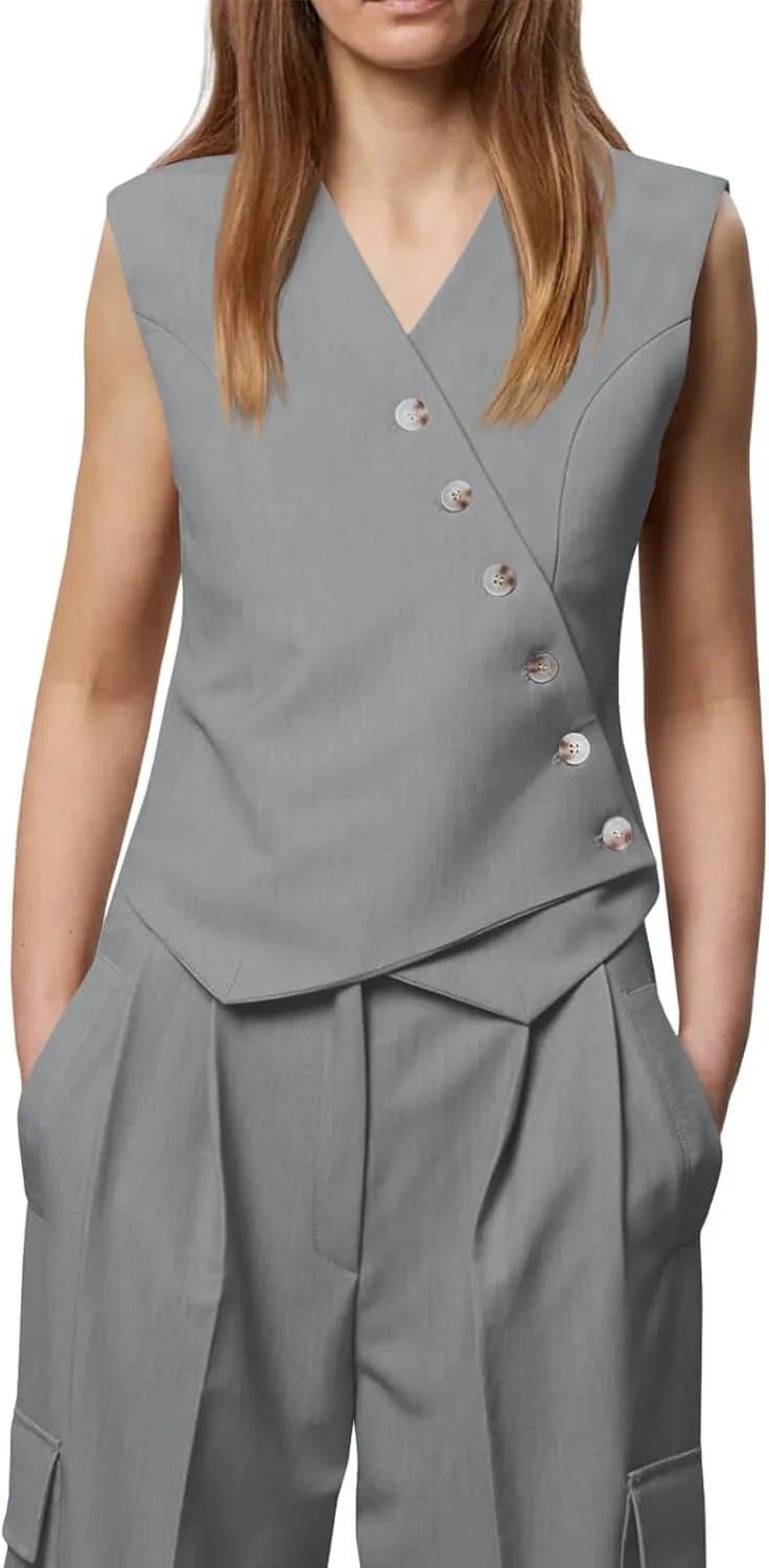Cicy Bell Womens Waistcoat Vest Sleeveless Blazers V Neck Button Up Asymmetrical Hem Work Office Suit Vests