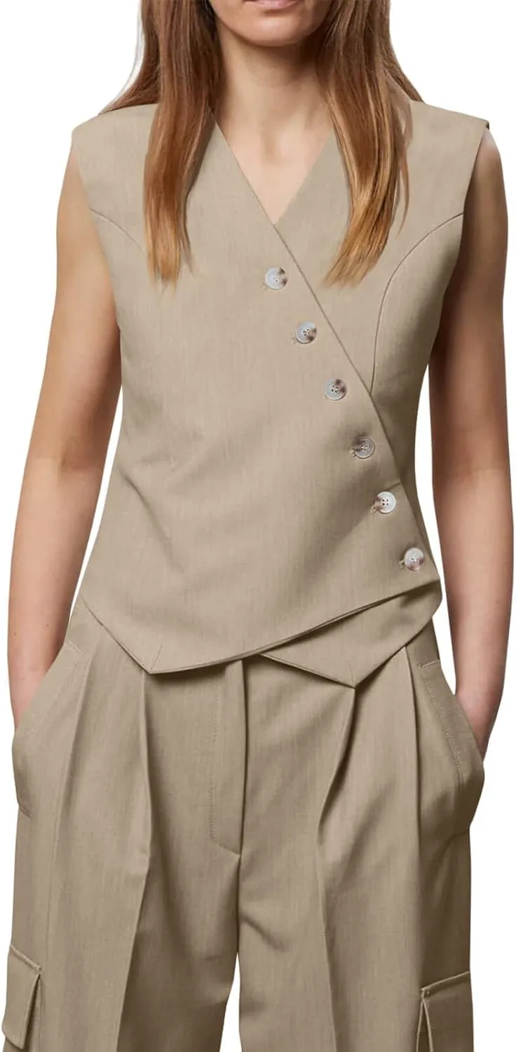 Cicy Bell Womens Waistcoat Vest Sleeveless Blazers V Neck Button Up Asymmetrical Hem Work Office Suit Vests