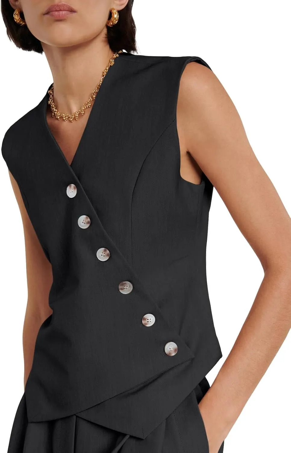 Cicy Bell Womens Waistcoat Vest Sleeveless Blazers V Neck Button Up Asymmetrical Hem Work Office Suit Vests