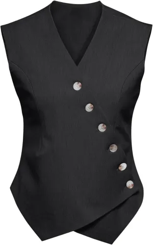 Cicy Bell Womens Waistcoat Vest Sleeveless Blazers V Neck Button Up Asymmetrical Hem Work Office Suit Vests