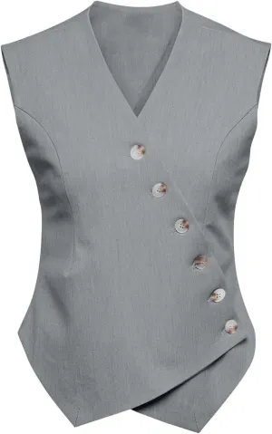 Cicy Bell Womens Waistcoat Vest Sleeveless Blazers V Neck Button Up Asymmetrical Hem Work Office Suit Vests