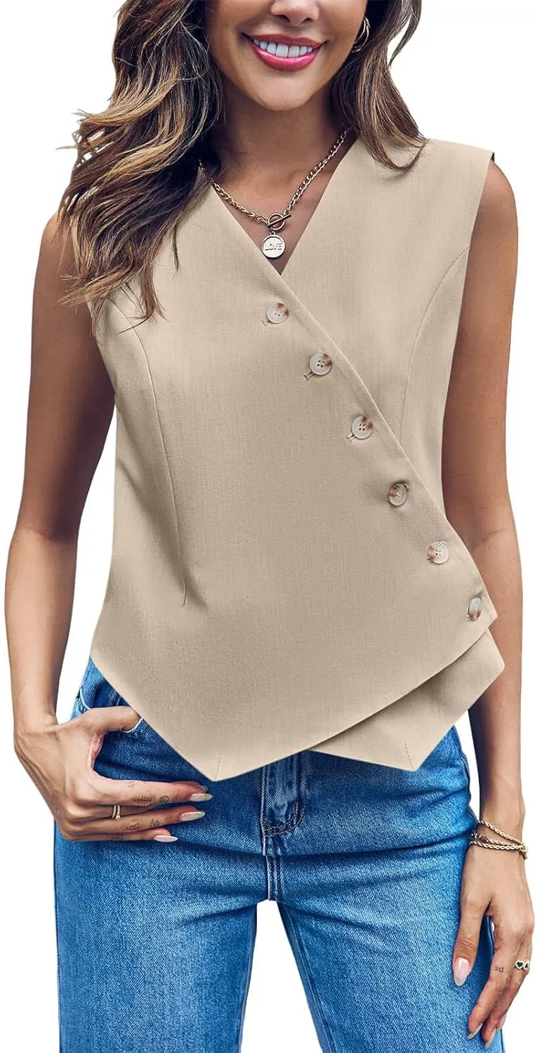 Cicy Bell Womens Waistcoat Vest Sleeveless Blazers V Neck Button Up Asymmetrical Hem Work Office Suit Vests