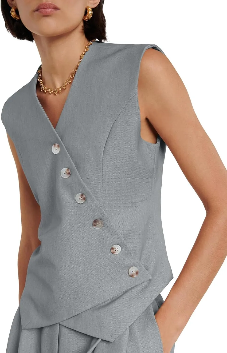 Cicy Bell Womens Waistcoat Vest Sleeveless Blazers V Neck Button Up Asymmetrical Hem Work Office Suit Vests