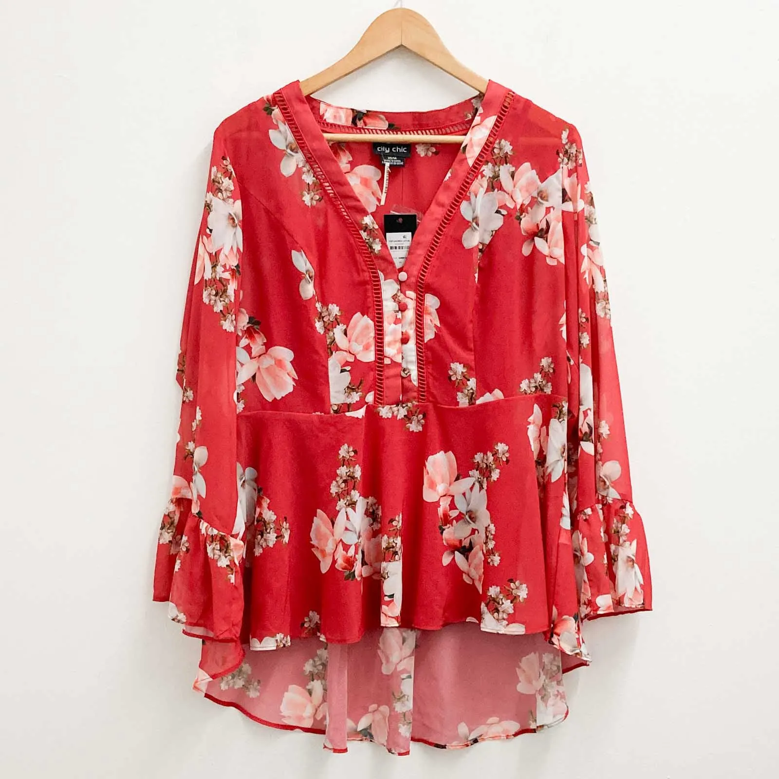 City Chic Red Floral Print V-Neck Flared Hem Floaty Top UK 14
