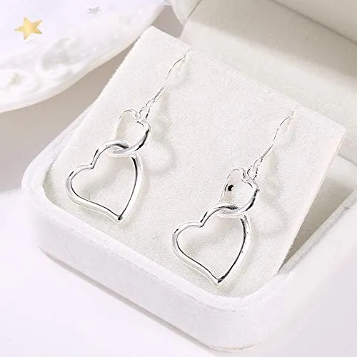 coadipress Double Love Heart Layered Earrings Elegant Silver Gold Plated Dangle Drop Hooks Earrings Jewelry Birthday Gifts for Women