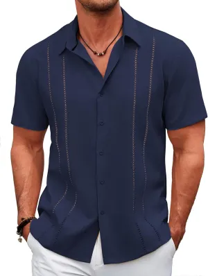 COOFANDY Men's Button Down Beach Shirt Casual Short Sleeve Cuban Shirts Summer Vacation Shirts Dark Blue