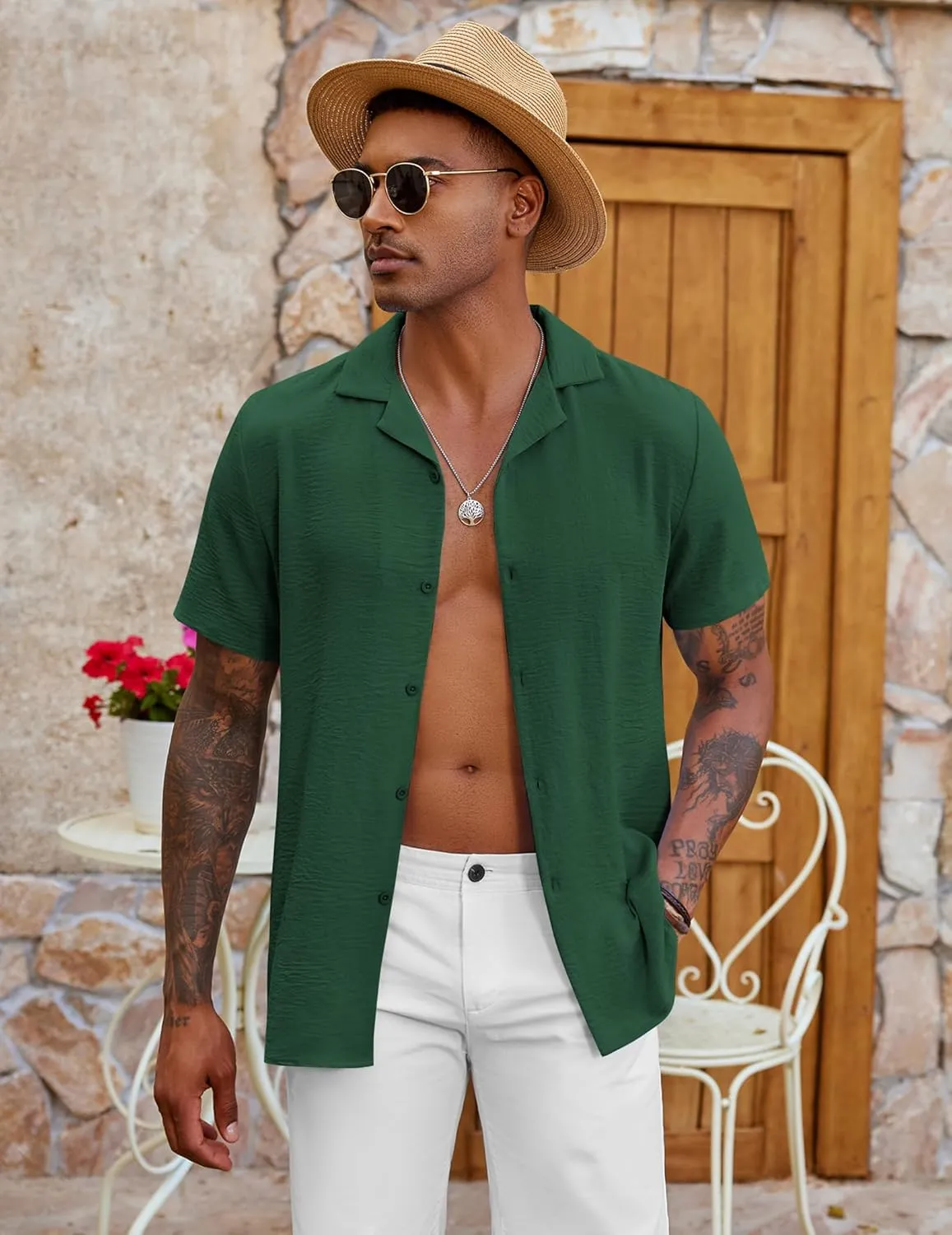 COOFANDY Men's Casual Button Down Shirt Short Sleeve Textured Summer Cuban Beach Shirts