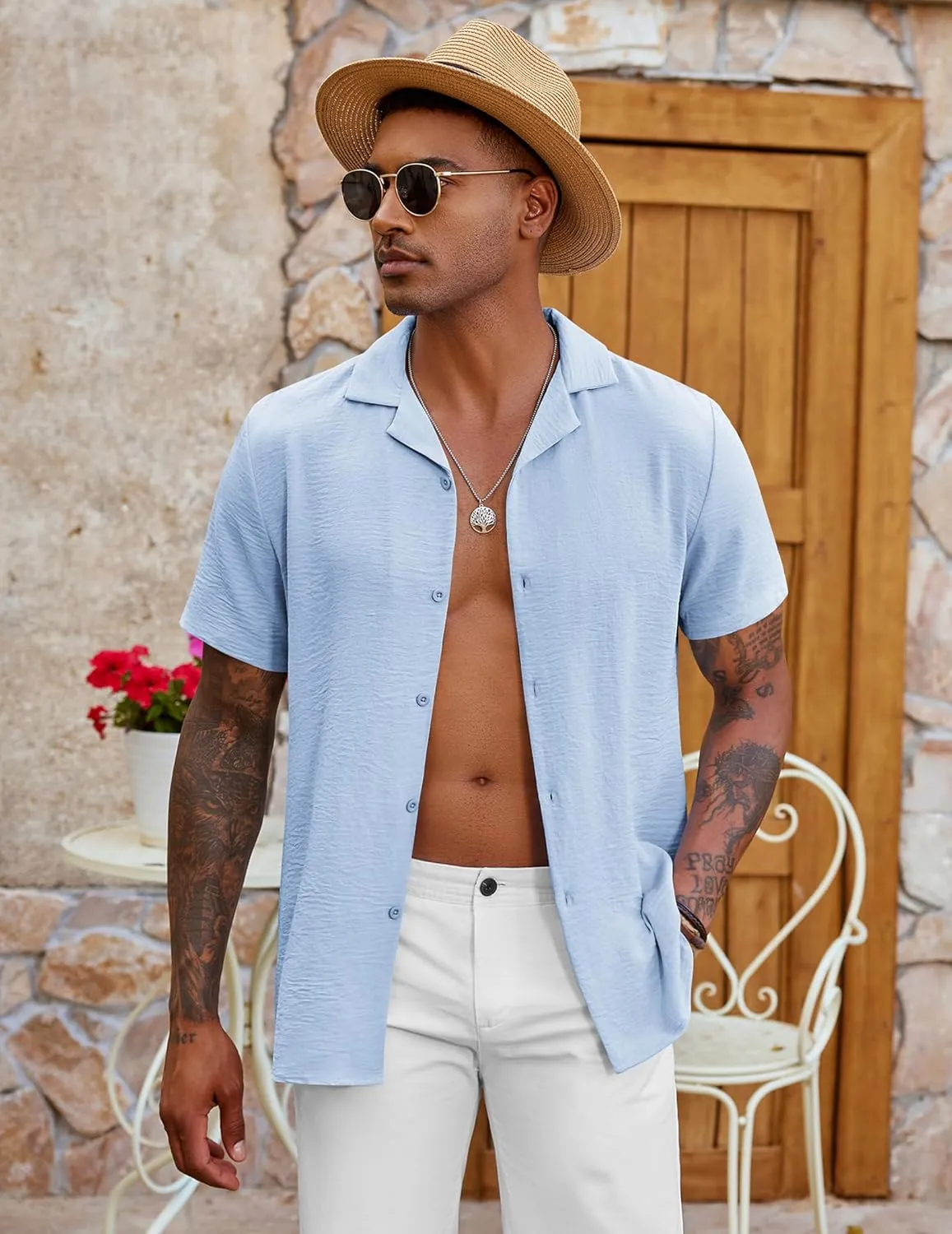 COOFANDY Men's Casual Button Down Shirt Short Sleeve Textured Summer Cuban Beach Shirts