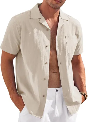 COOFANDY Mens Casual Cotton Linen Shirt Short Sleeve Button Up Shirts Summer Beach Top