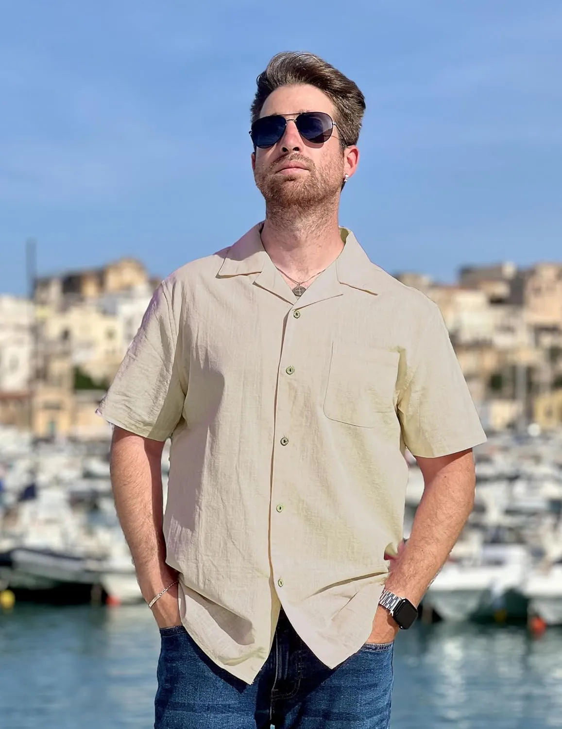 COOFANDY Mens Casual Cotton Linen Shirt Short Sleeve Button Up Shirts Summer Beach Top