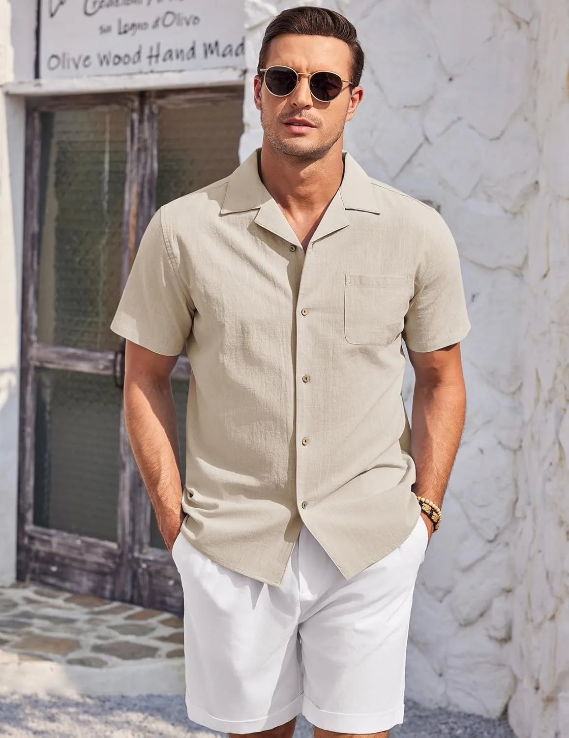 COOFANDY Mens Casual Cotton Linen Shirt Short Sleeve Button Up Shirts Summer Beach Top