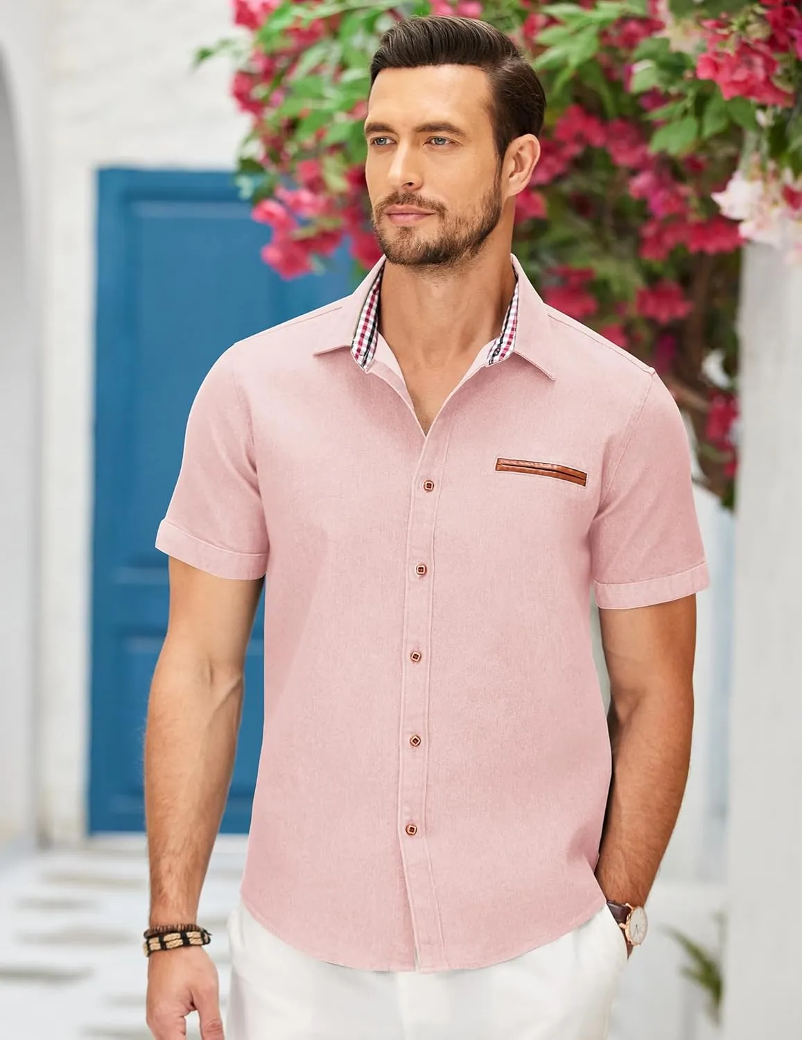 COOFANDY Men's Casual Cotton Short Sleeve Button Down Dress Shirt Plaid Collar Denim Work Shirts
