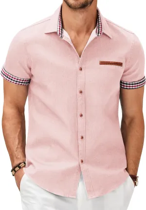 COOFANDY Men's Casual Cotton Short Sleeve Button Down Dress Shirt Plaid Collar Denim Work Shirts
