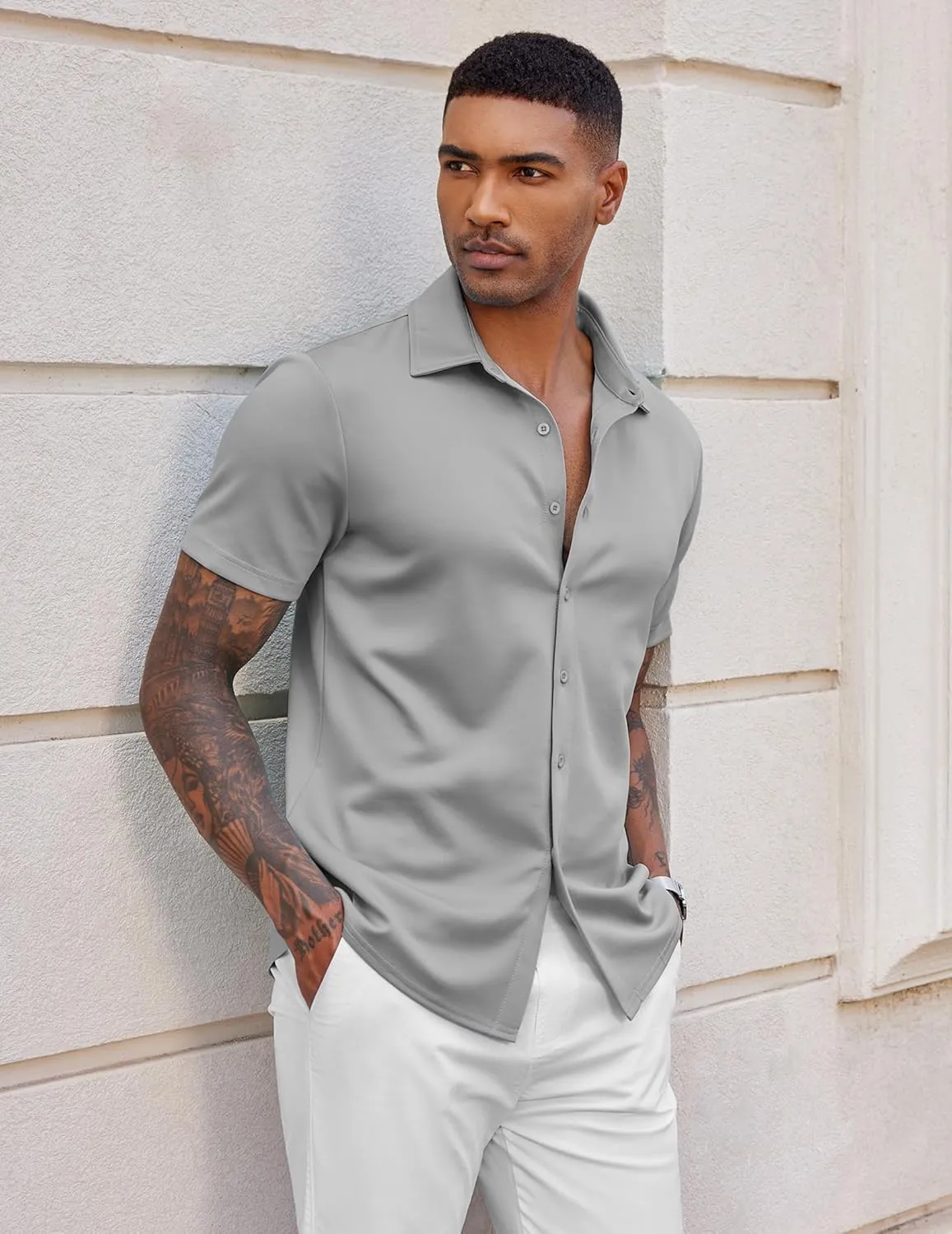 COOFANDY Mens Casual Wrinkle Free Shirts Short Sleeve Button Down Summer Stretch Dress Shirt