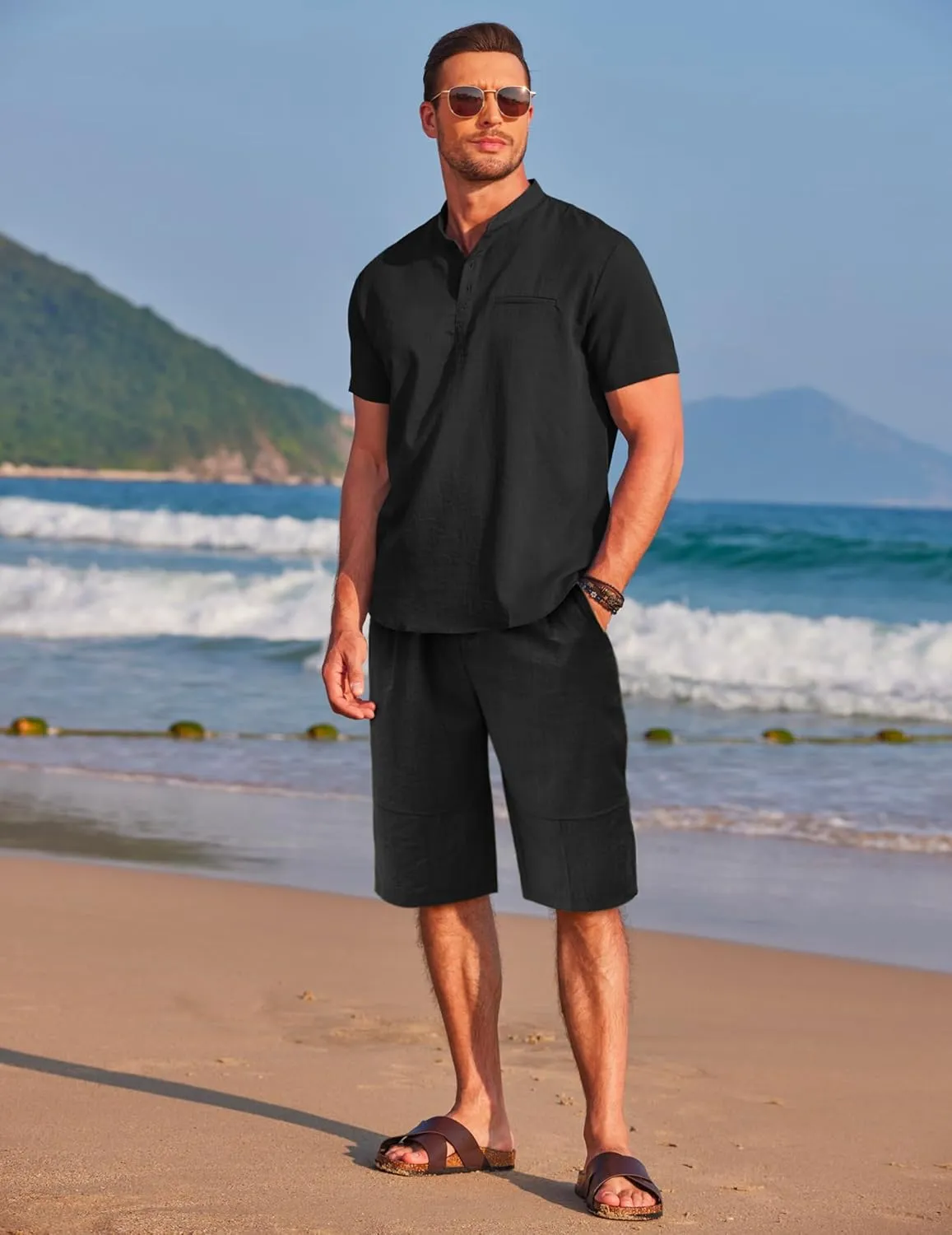 COOFANDY Men's Linen Sets 2 Piece Outfits Short Sleeve Henley Shirts and Shorts Summer Beach Yoga Pants Set