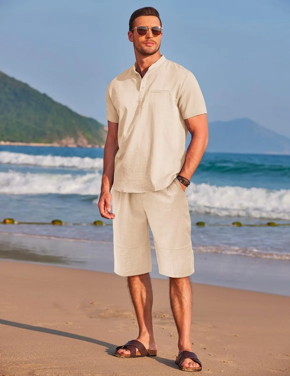 COOFANDY Men's Linen Sets 2 Piece Outfits Short Sleeve Henley Shirts and Shorts Summer Beach Yoga Pants Set