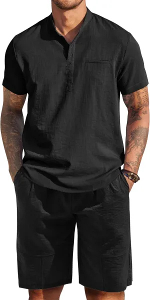 COOFANDY Men's Linen Sets 2 Piece Outfits Short Sleeve Henley Shirts and Shorts Summer Beach Yoga Pants Set
