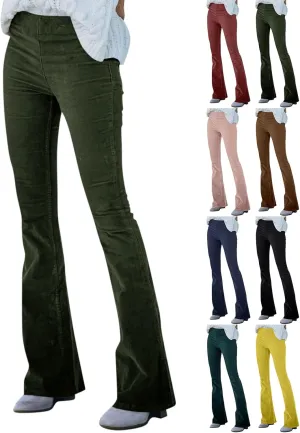 Corduroy Flare Pants for Women Vintage High Waist Bell Bottom Trousers Casual Comfy Stretch Wide Leg Pants w/Pockets