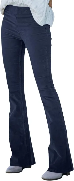 Corduroy Flare Pants for Women Vintage High Waist Bell Bottom Trousers Casual Comfy Stretch Wide Leg Pants w/Pockets