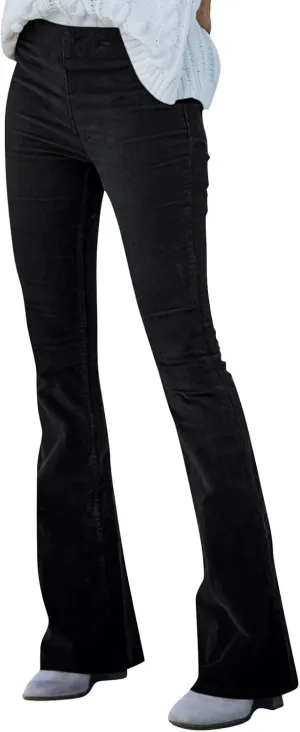 Corduroy Flare Pants for Women Vintage High Waist Bell Bottom Trousers Casual Comfy Stretch Wide Leg Pants w/Pockets