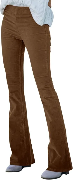 Corduroy Flare Pants for Women Vintage High Waist Bell Bottom Trousers Casual Comfy Stretch Wide Leg Pants w/Pockets