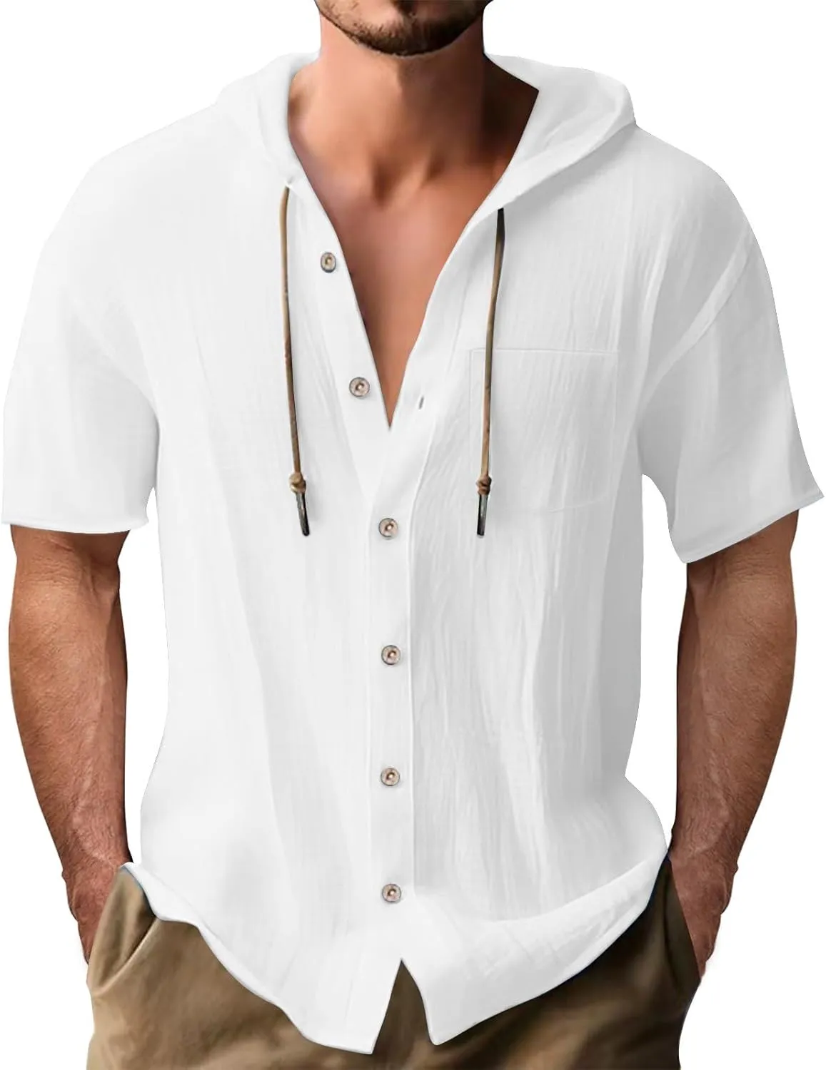 Cotton Linen Hoodie Shirts for Men V Neck Button Down Hooded Pullover Lightweight Summer Casual Hawaiian Beach Yoga Shirts