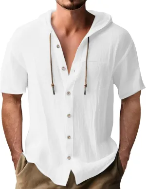 Cotton Linen Hoodie Shirts for Men V Neck Button Down Hooded Pullover Lightweight Summer Casual Hawaiian Beach Yoga Shirts