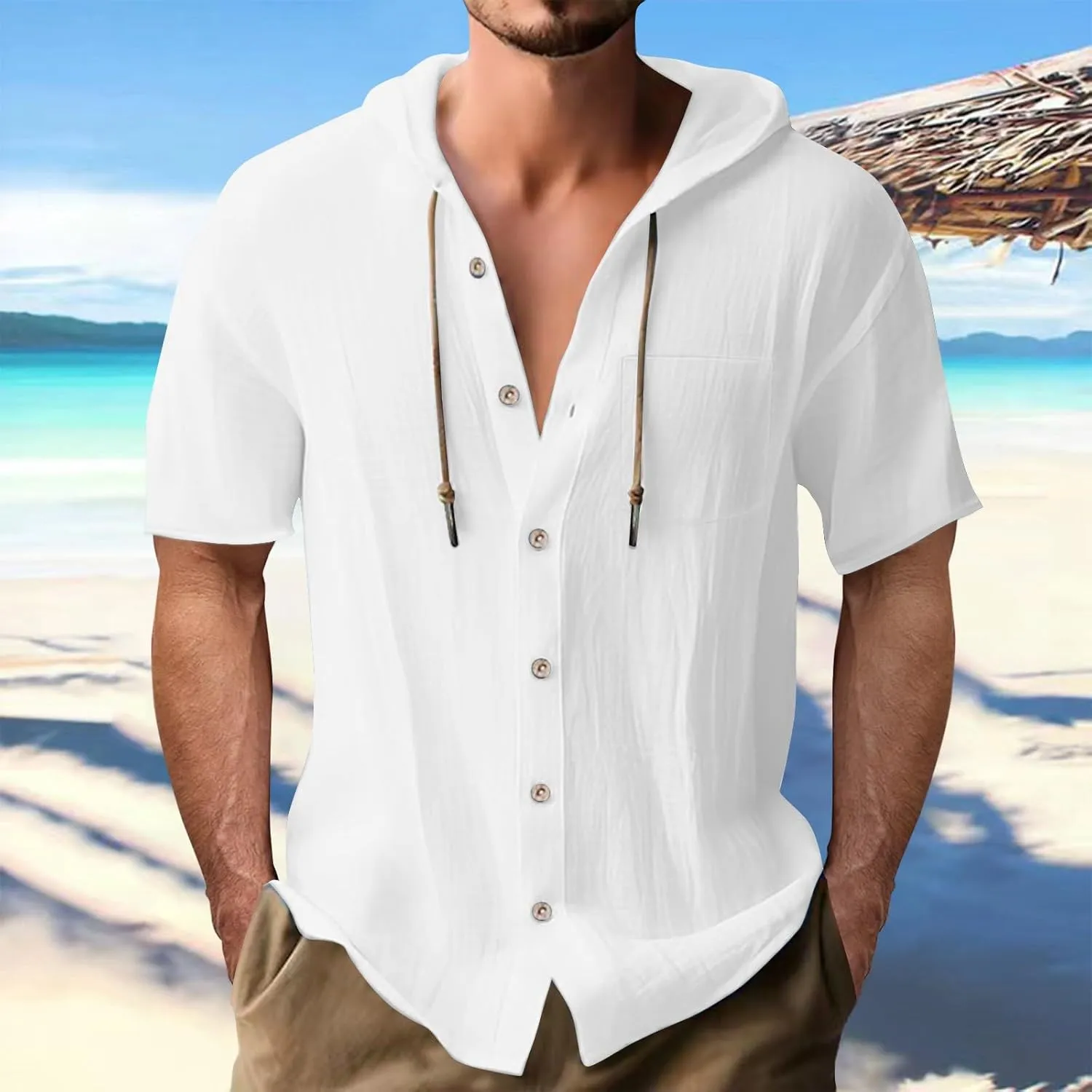 Cotton Linen Hoodie Shirts for Men V Neck Button Down Hooded Pullover Lightweight Summer Casual Hawaiian Beach Yoga Shirts